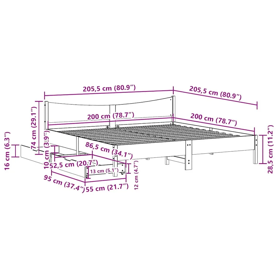 Cadre de lit avec tiroirs cire marron 200x200cm bois pin massif - 11