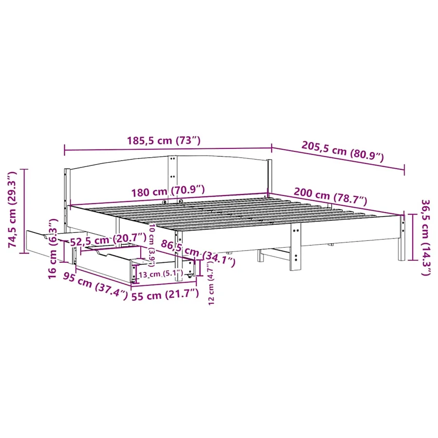 Cadre de lit sans matelas cire marron 180x200cm bois pin massif - 11