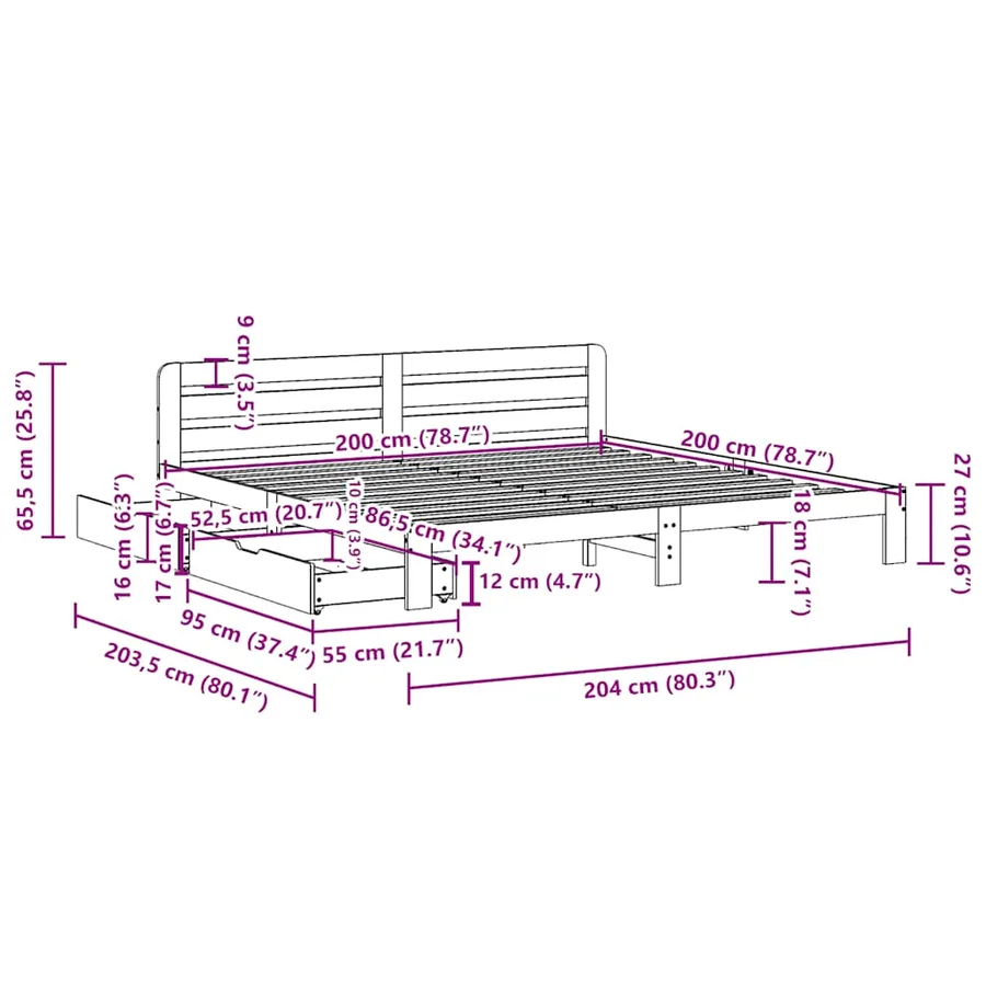 Cadre de lit sans matelas cire marron 200x200cm bois pin massif - 11
