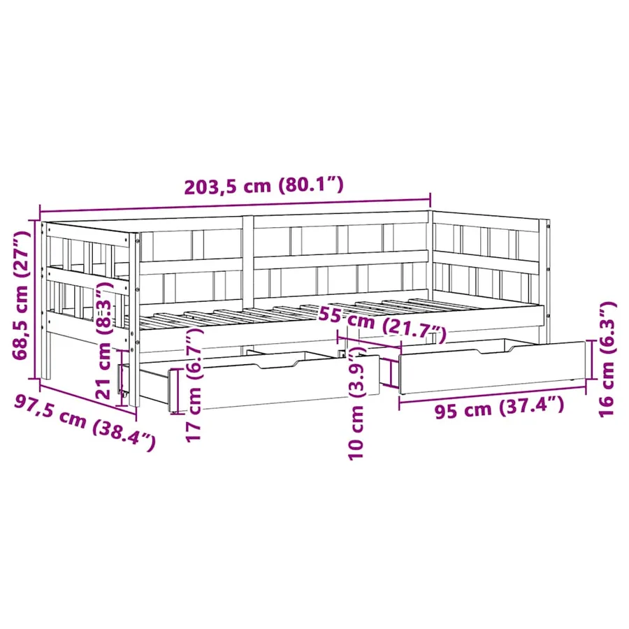 Lit de jour avec tiroirs sans matelas cire marron 90x200cm bois - 12