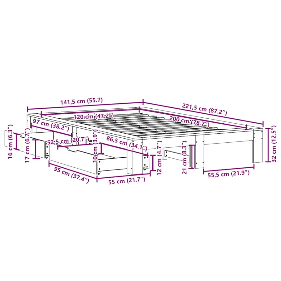 Cadre de lit sans matelas cire marron 120x200cm bois pin massif - 12