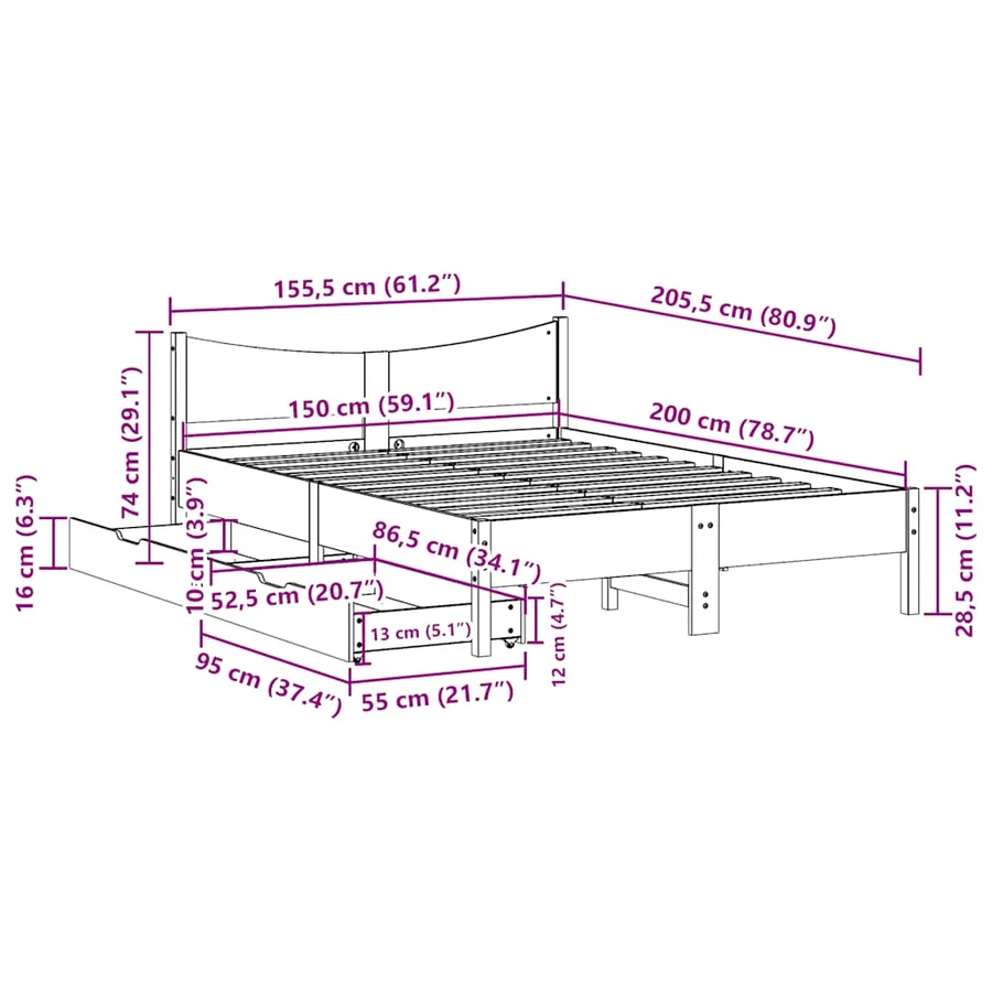 Cadre de lit avec tiroirs cire marron 150x200cm bois pin massif - 11