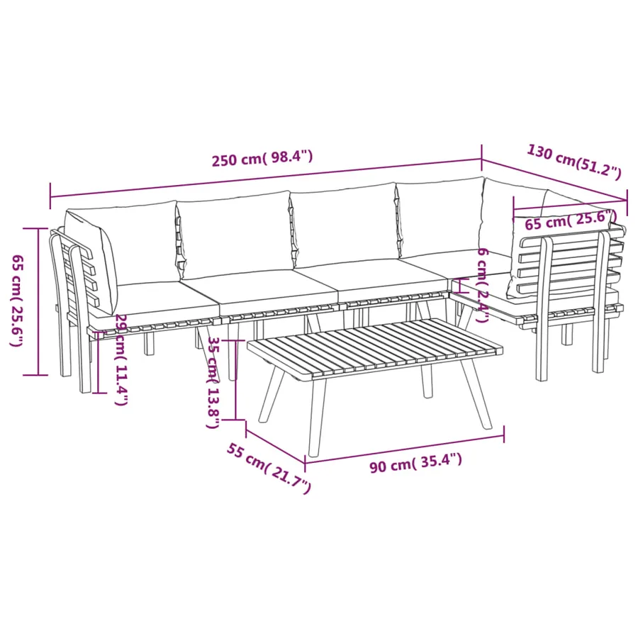 Salon de jardin 6 pcs avec coussins Bois d'acacia solide - 10