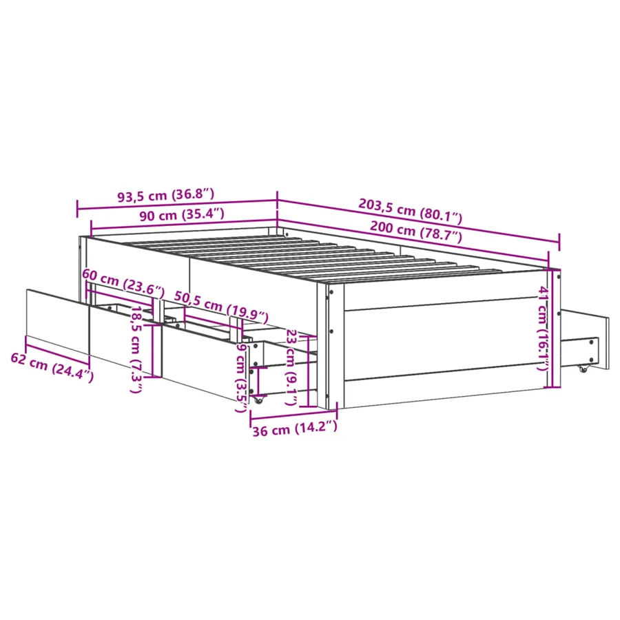 Cadre de lit sans matelas avec tiroirs 90x200 cm bois de pin - 13