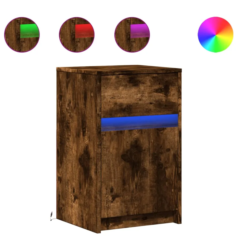 Armoire de chevet et lumières LED chêne fumé bois d'ingénierie - 2