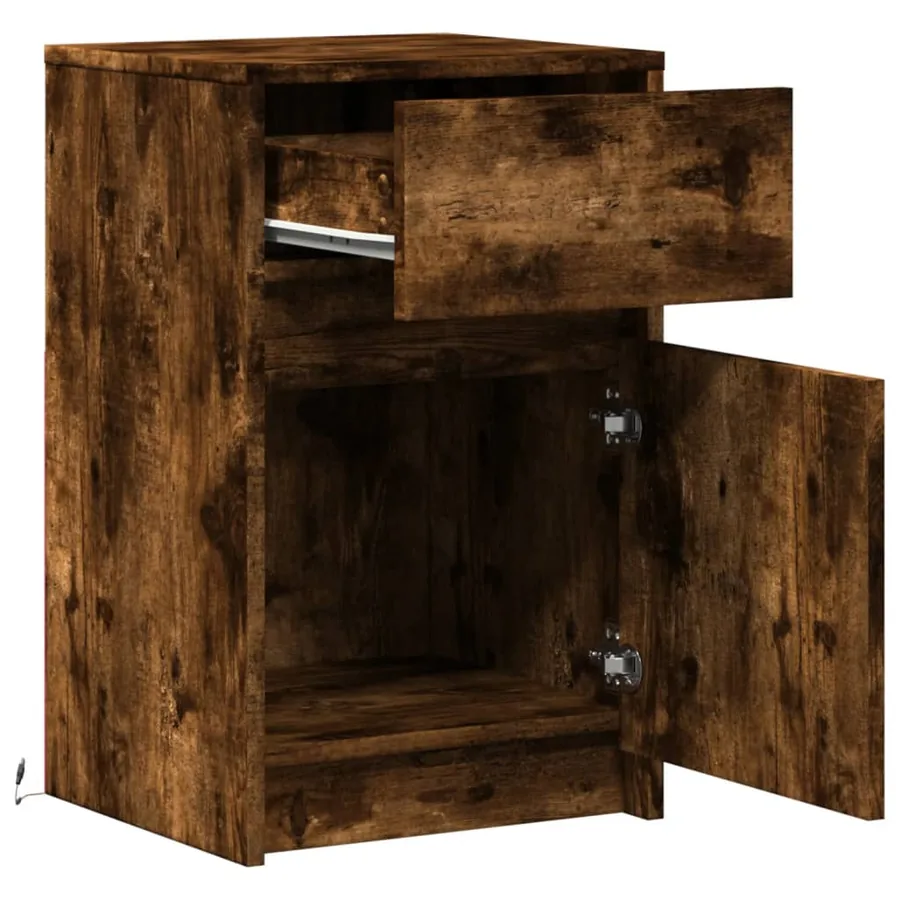 Armoire de chevet et lumières LED chêne fumé bois d'ingénierie - 9