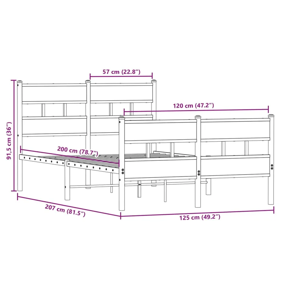 Cadre de lit en métal sans matelas chêne fumé 120x200 cm - 9