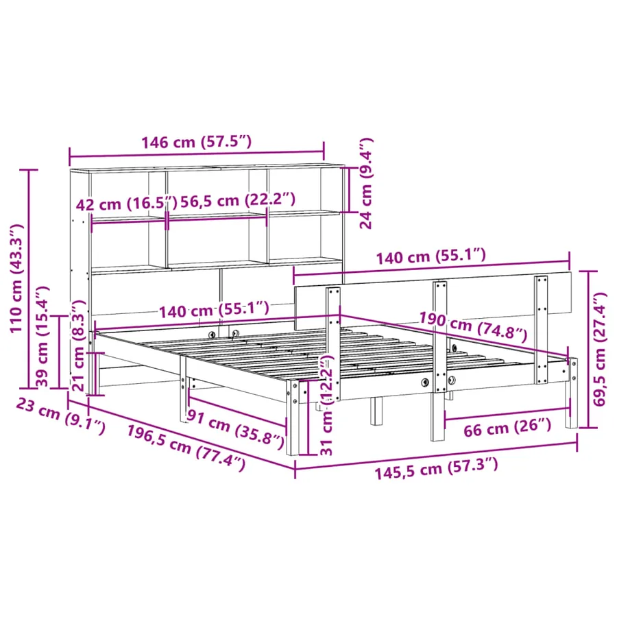 Lit bibliothèque sans matelas blanc 140x190 cm bois pin massif - 11