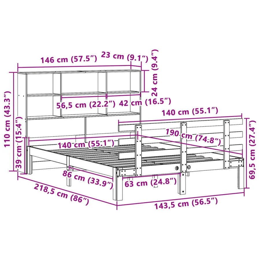 Lit bibliothèque sans matelas blanc 140x190 cm bois pin massif - 11