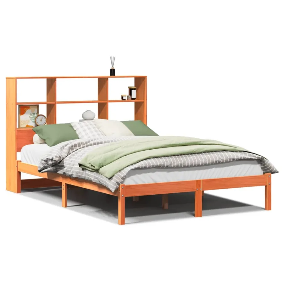 Lit bibliothèque sans matelas cire marron 135x190 cm pin massif - 2