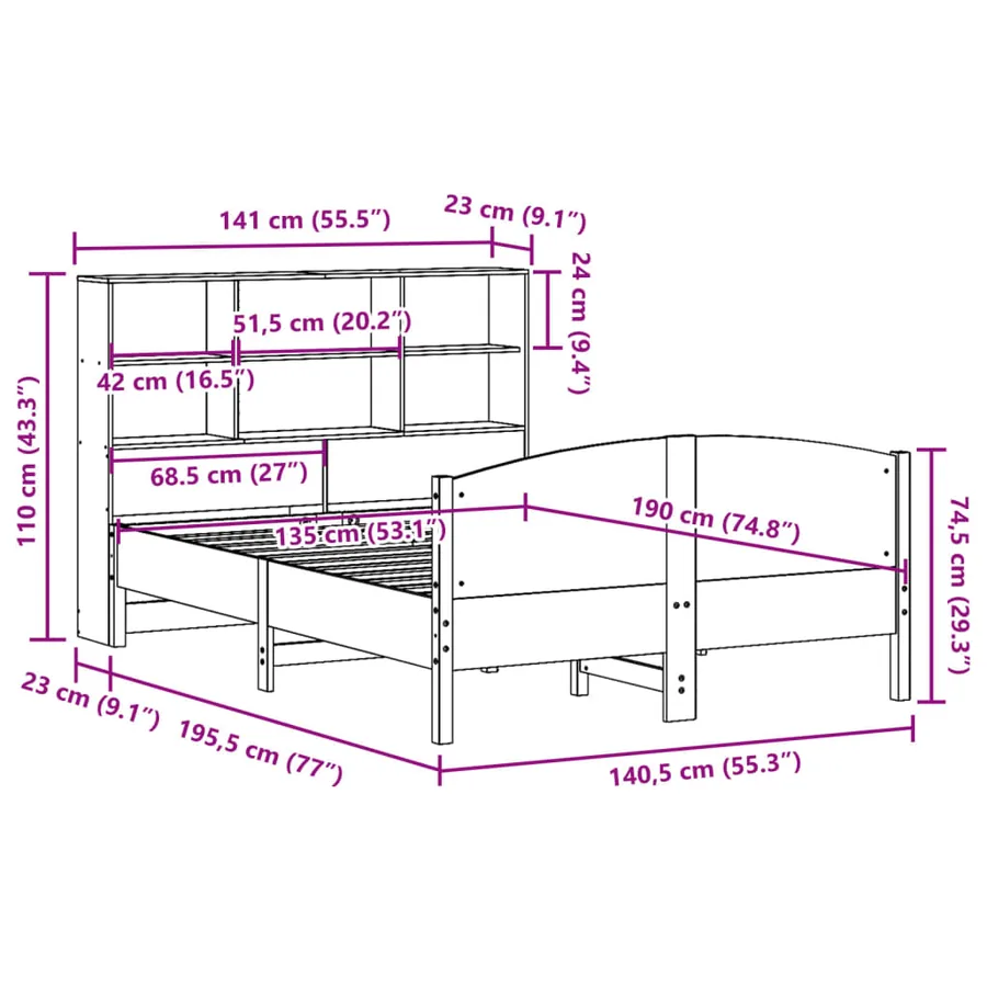 Lit bibliothèque sans matelas cire marron 135x190 cm pin massif - 12
