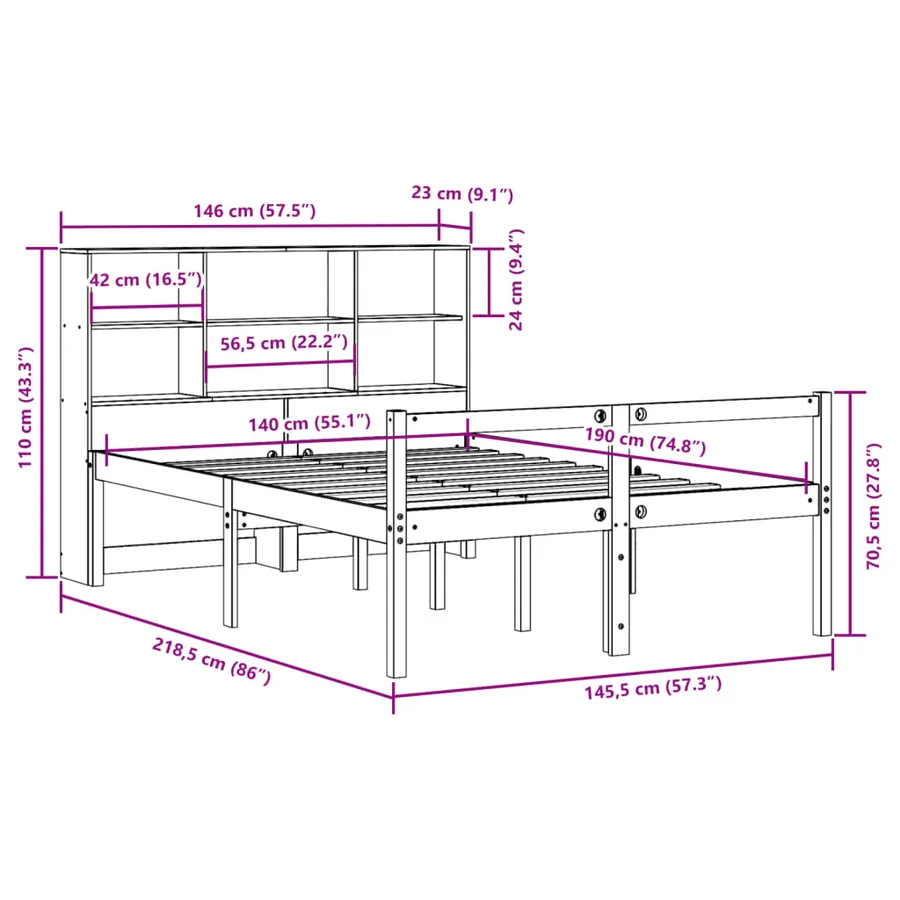 Lit bibliothèque sans matelas blanc 140x190 cm bois pin massif - 12