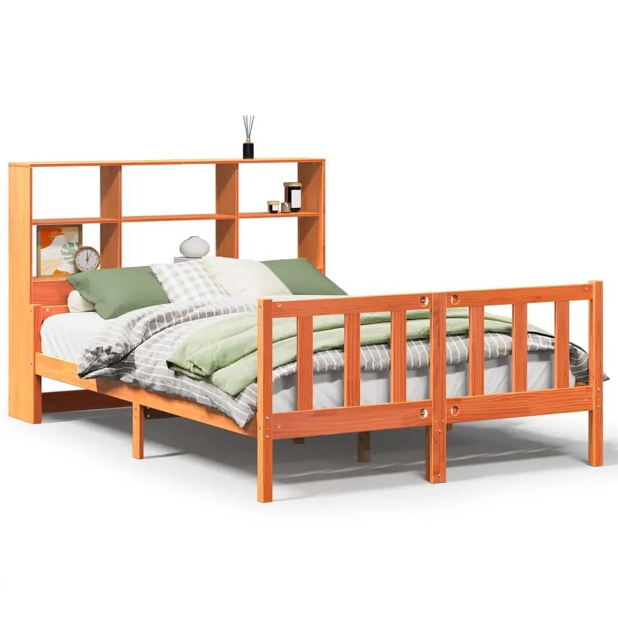 Lit bibliothèque sans matelas cire marron 160x200cm bois massif - 2