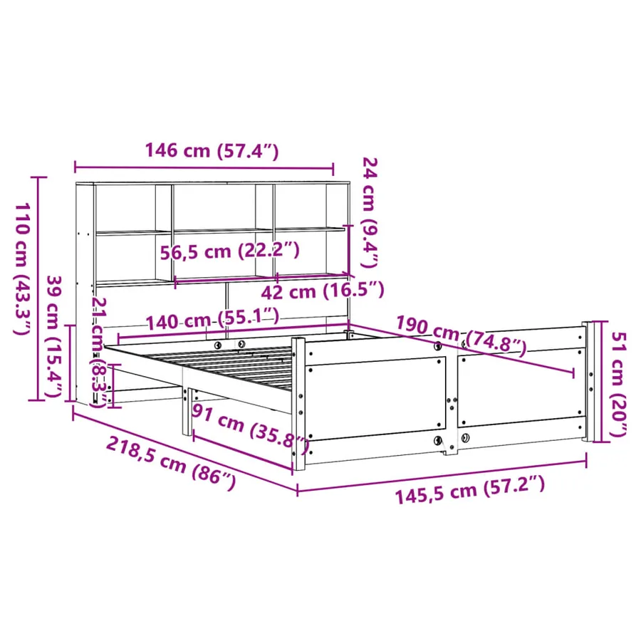 Lit bibliothèque sans matelas 140x190 cm bois de pin massif - 11