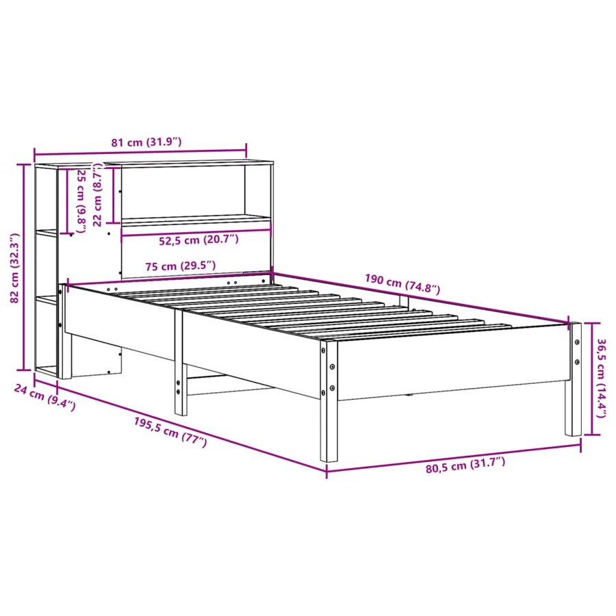 Lit bibliothèque sans matelas blanc 75x190cm bois de pin massif - 11