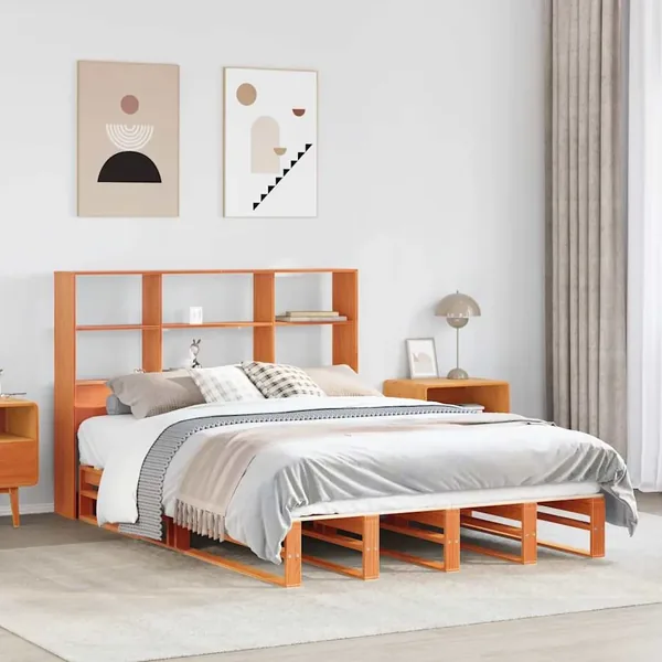 Lit bibliothèque sans matelas cire marron 140x200cm bois massif
