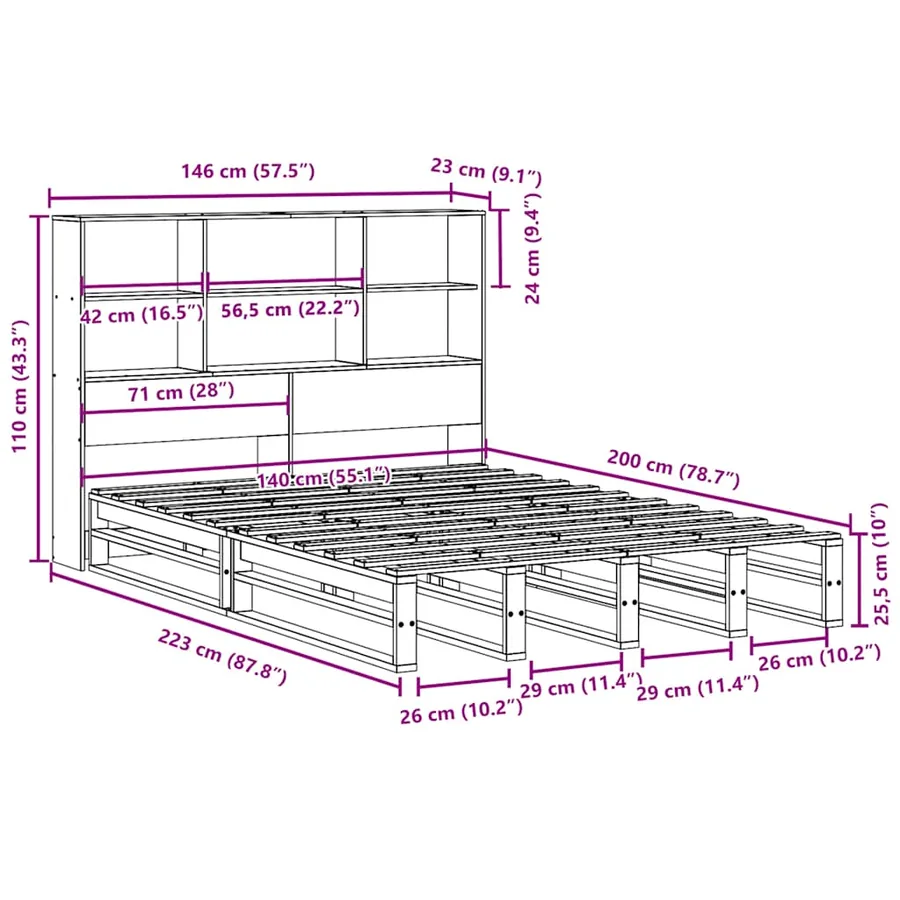 Lit bibliothèque sans matelas 140x200 cm bois massif - 12