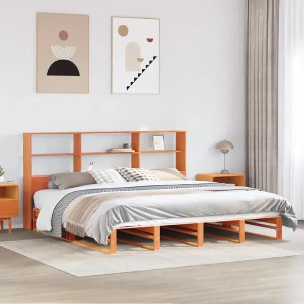 Lit bibliothèque sans matelas cire marron 200x200cm bois massif