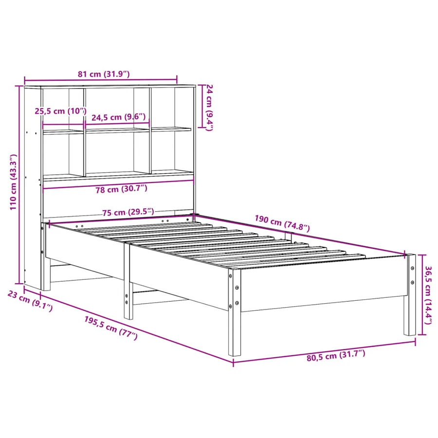 Lit bibliothèque sans matelas cire marron 75x190 cm pin massif - 11