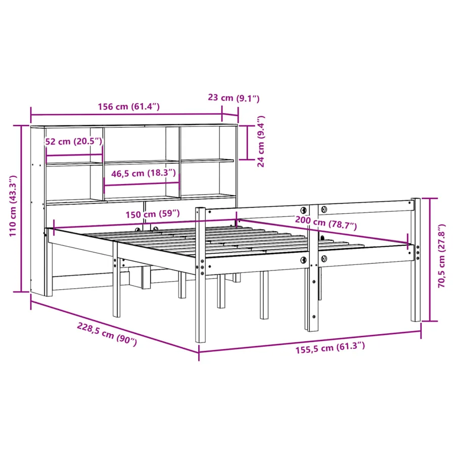 Lit bibliothèque sans matelas cire marron 150x200cm bois massif - 12