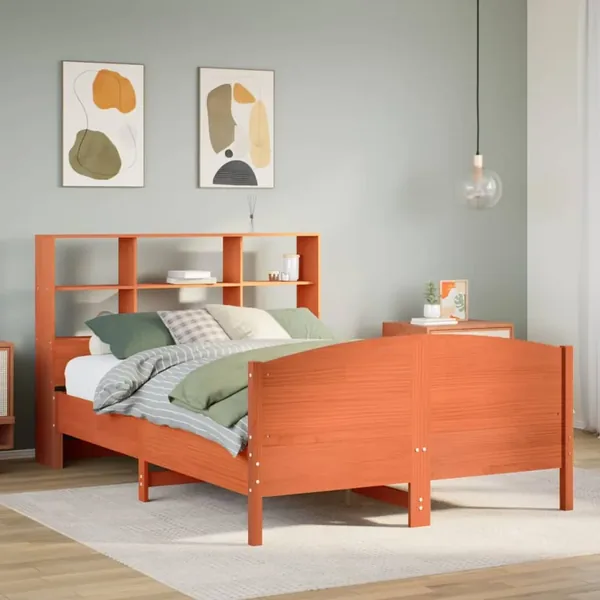 Lit bibliothèque sans matelas cire marron 150x200 cm pin massif
