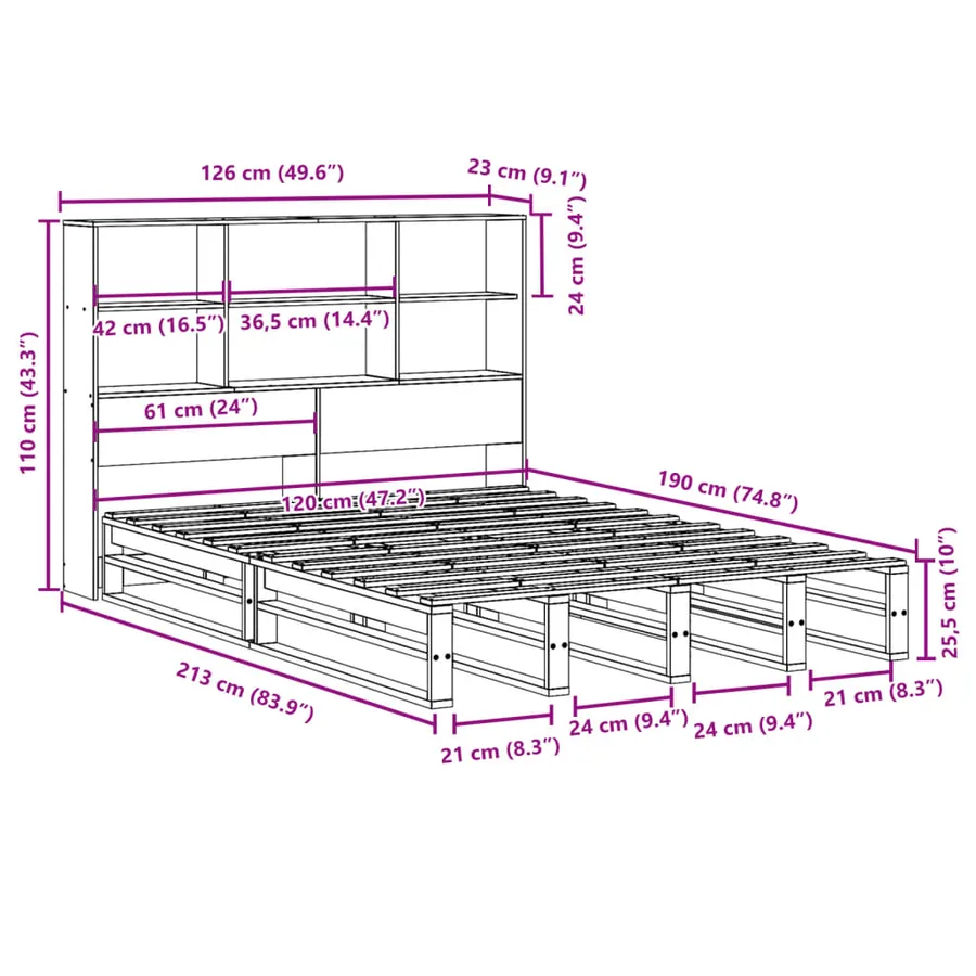 Lit bibliothèque sans matelas cire marron 120x190cm bois massif - 12