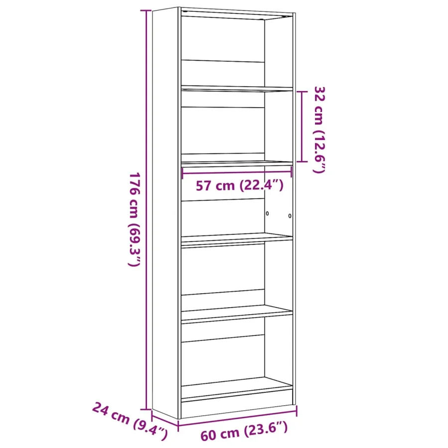 Bibliothèque gris béton 60x24x176 cm bois d'ingénierie - 9