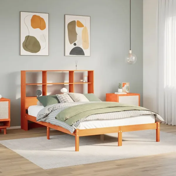 Lit bibliothèque sans matelas cire marron 120x190cm pin massif