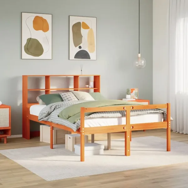 Lit bibliothèque sans matelas cire marron 120x190cm bois massif