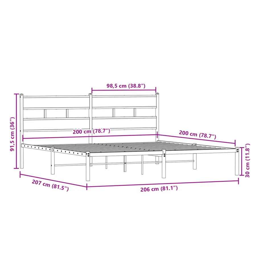 Cadre de lit en métal sans matelas chêne fumé 200x200 cm - 9