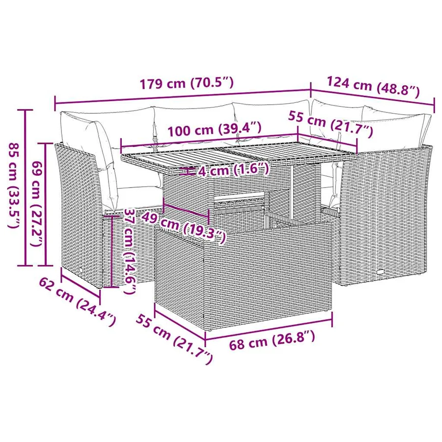Salon de jardin 5 pcs avec coussins gris résine tressée - 11