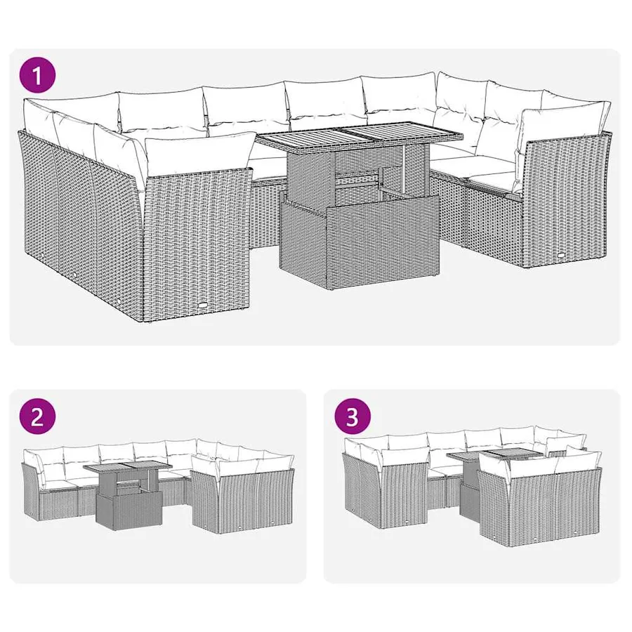 Salon de jardin 10 pcs avec coussins noir résine tressée - 9