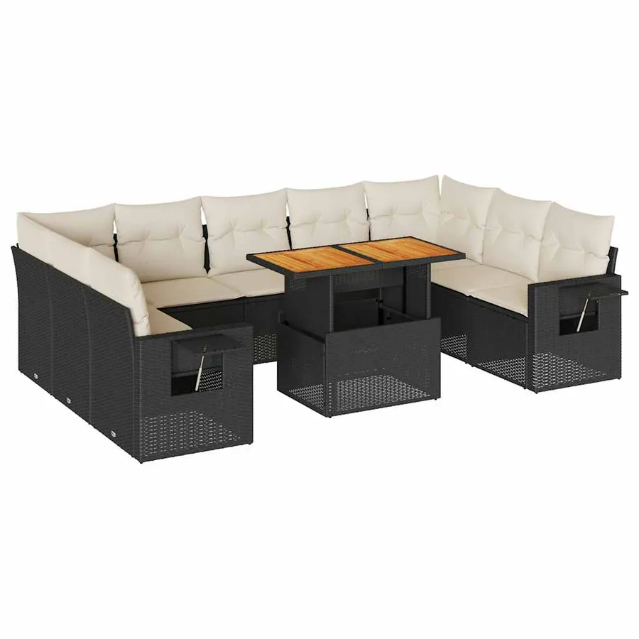 Salon de jardin 10 pcs avec coussins noir résine tressée - 2