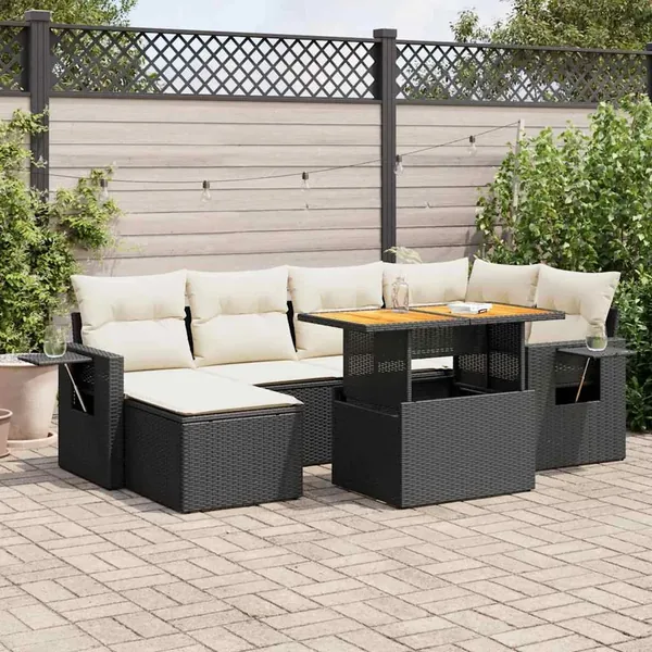 Salon de jardin 7 pcs avec coussins noir résine tressée 62 x 62 x 69 cm - 65,0 kg