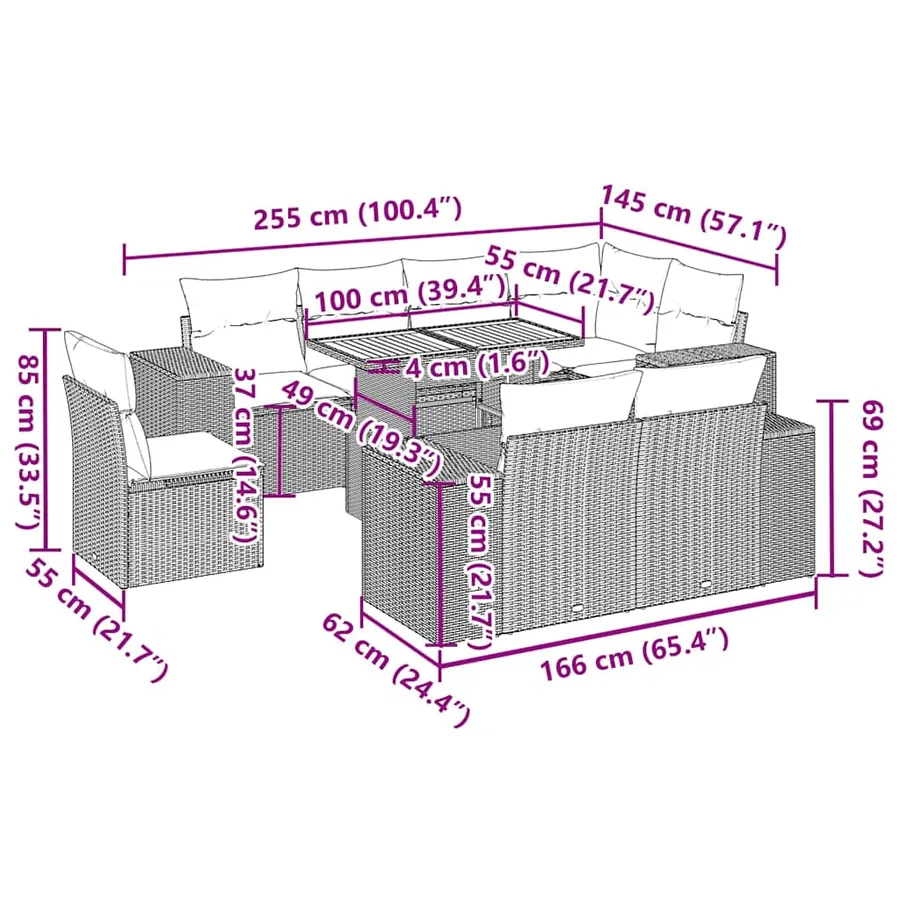 Salon de jardin avec coussins 9 pcs beige résine tressée - 14