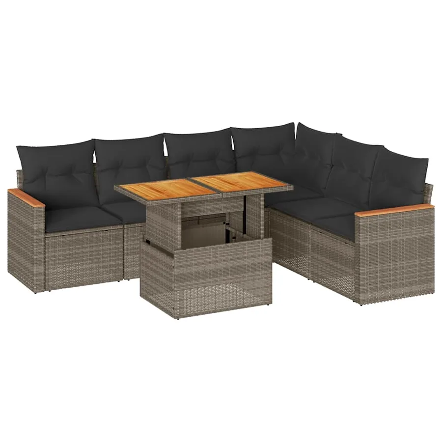 Salon de jardin avec coussins 7 pcs gris résine tressée acacia - 2