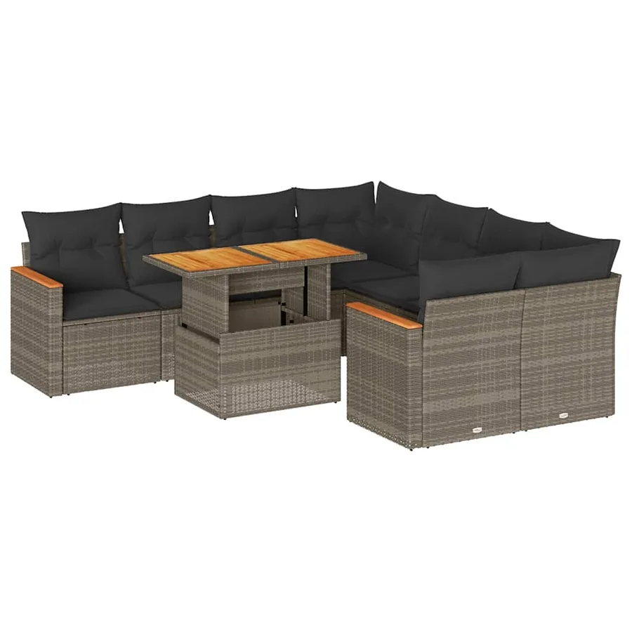 Salon de jardin avec coussins 9 pcs gris résine tressée acacia - 2