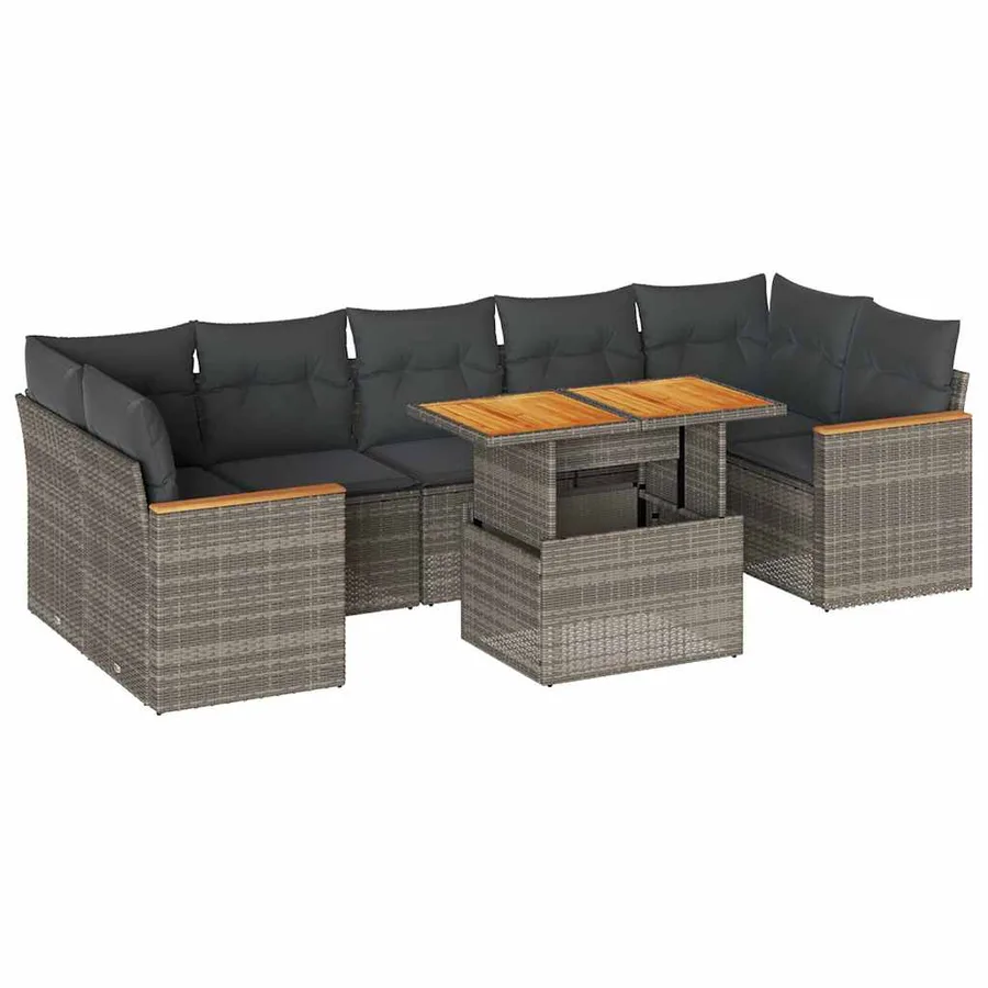 Salon de jardin avec coussins 8 pcs gris résine tressée acacia - 2