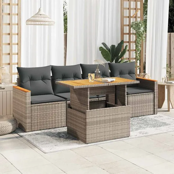 Salon de jardin 5 pcs avec coussins gris résine tressée acacia