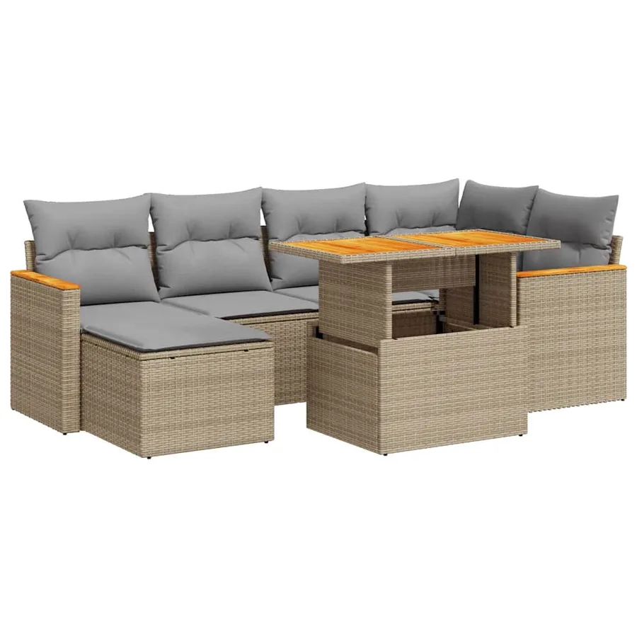 Salon de jardin avec coussins 7 pcs beige résine tressée acacia - 2