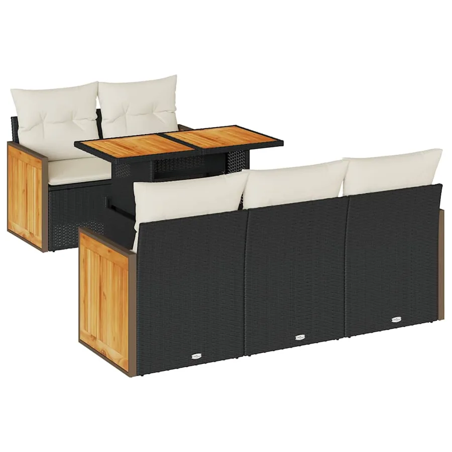 Salon de jardin 6 pcs avec coussins noir résine tressée acacia - 2