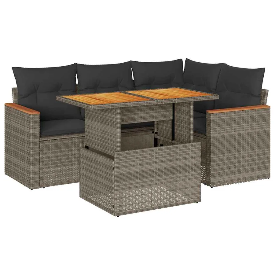 Salon de jardin 5 pcs avec coussins gris résine tressée acacia - 2