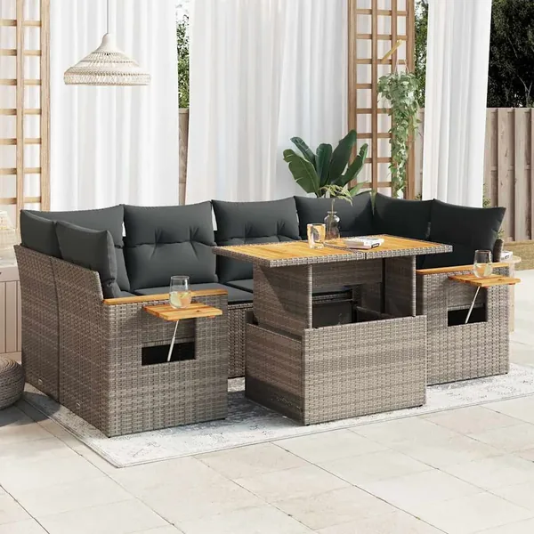 Salon de jardin avec coussins 7 pcs gris résine tressée acacia