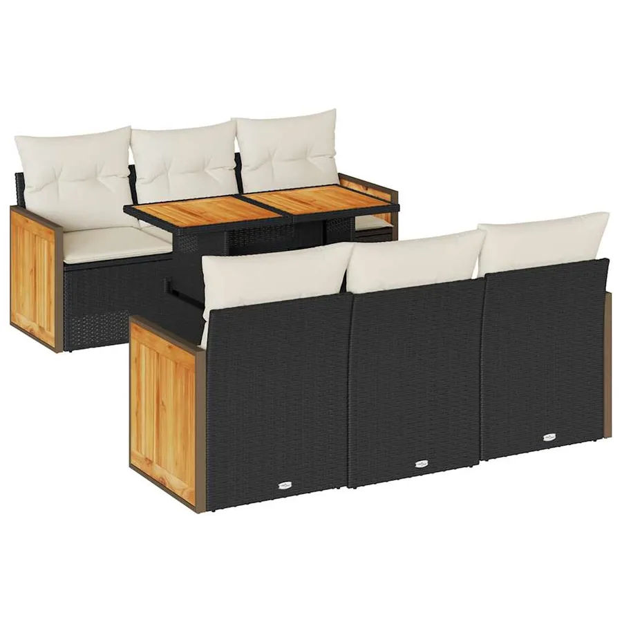 Salon de jardin avec coussins 7 pcs noir résine tressée acacia - 2