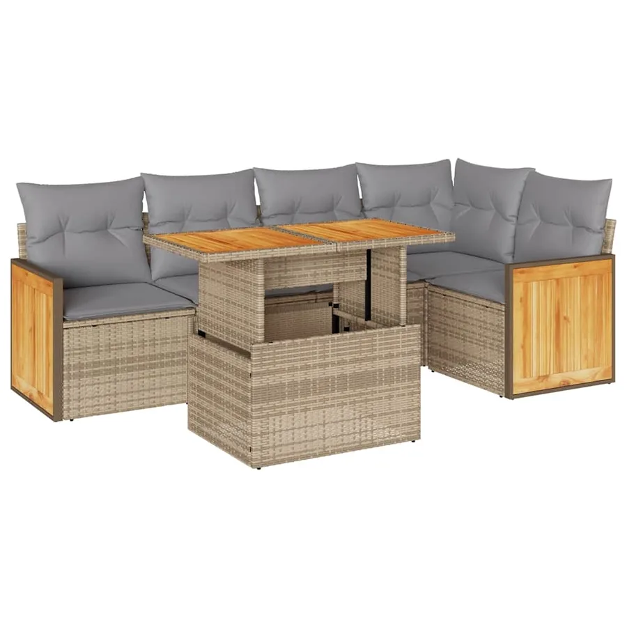 Salon de jardin 6 pcs avec coussins beige résine tressée acacia - 2