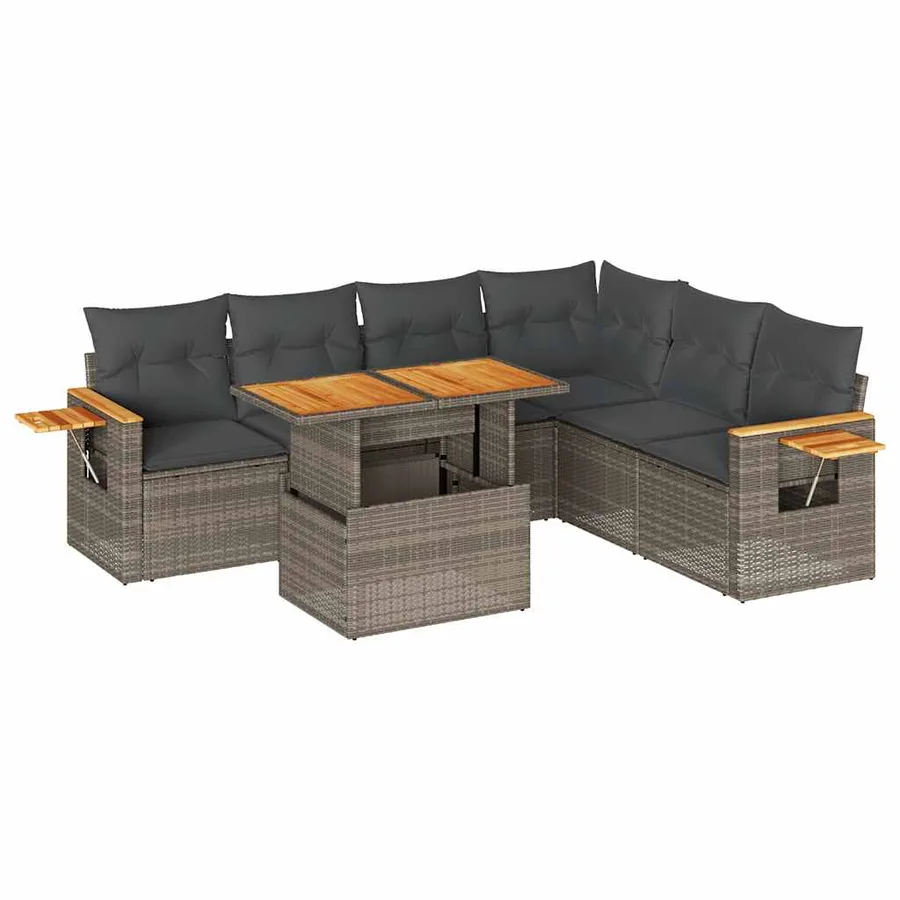 Salon de jardin avec coussins 7 pcs gris résine tressée acacia - 2