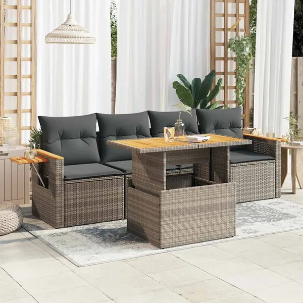 Salon de jardin 5 pcs avec coussins gris résine tressée acacia