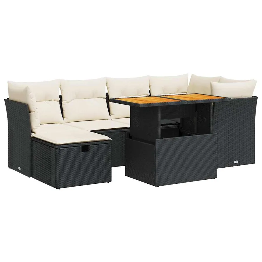 Salon de jardin avec coussins 7 pcs noir résine tressée acacia - 2