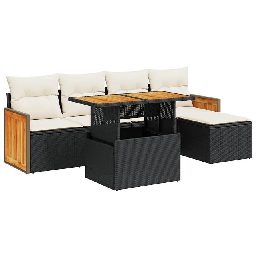 Salon de jardin 6 pcs avec coussins noir résine tressée acacia - 2