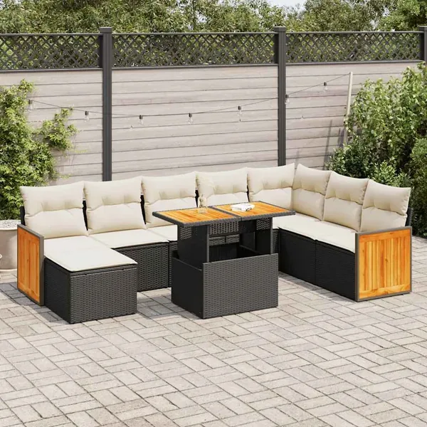 Salon de jardin avec coussins 9 pcs noir résine tressée acacia